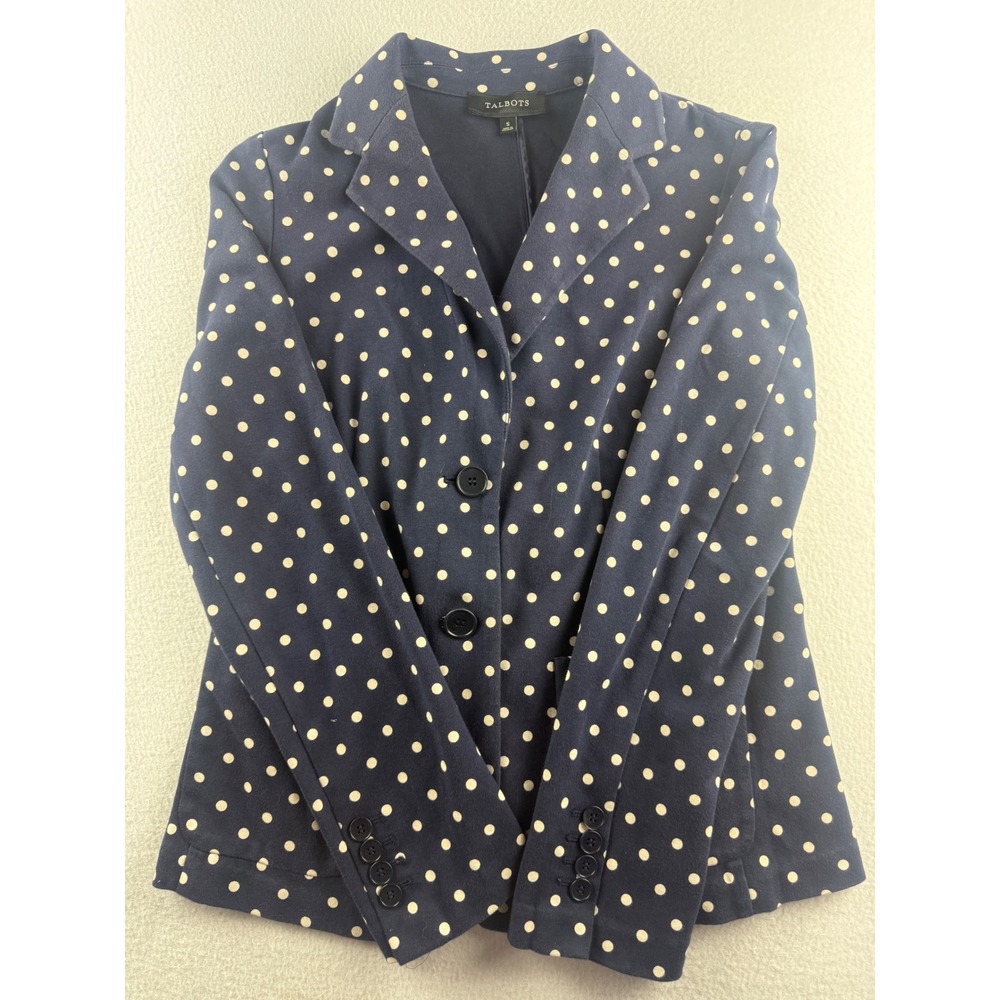 Talbots Navy Blue Polka Dot Knit Blazer Jacket Womens Size S Two Button Notched